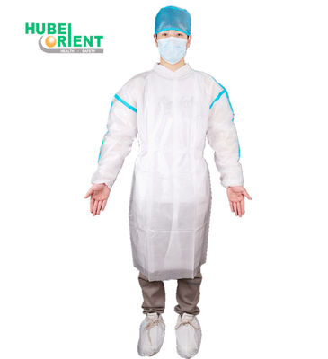 Blue/White Waterproof Disposable PP PE Medical Isolation Gown With Blue Tape