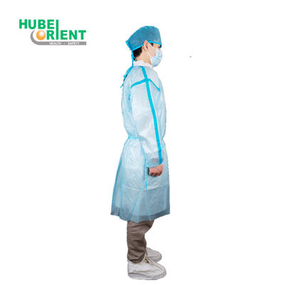 Blue/White Waterproof Disposable PP PE Medical Isolation Gown With Blue Tape